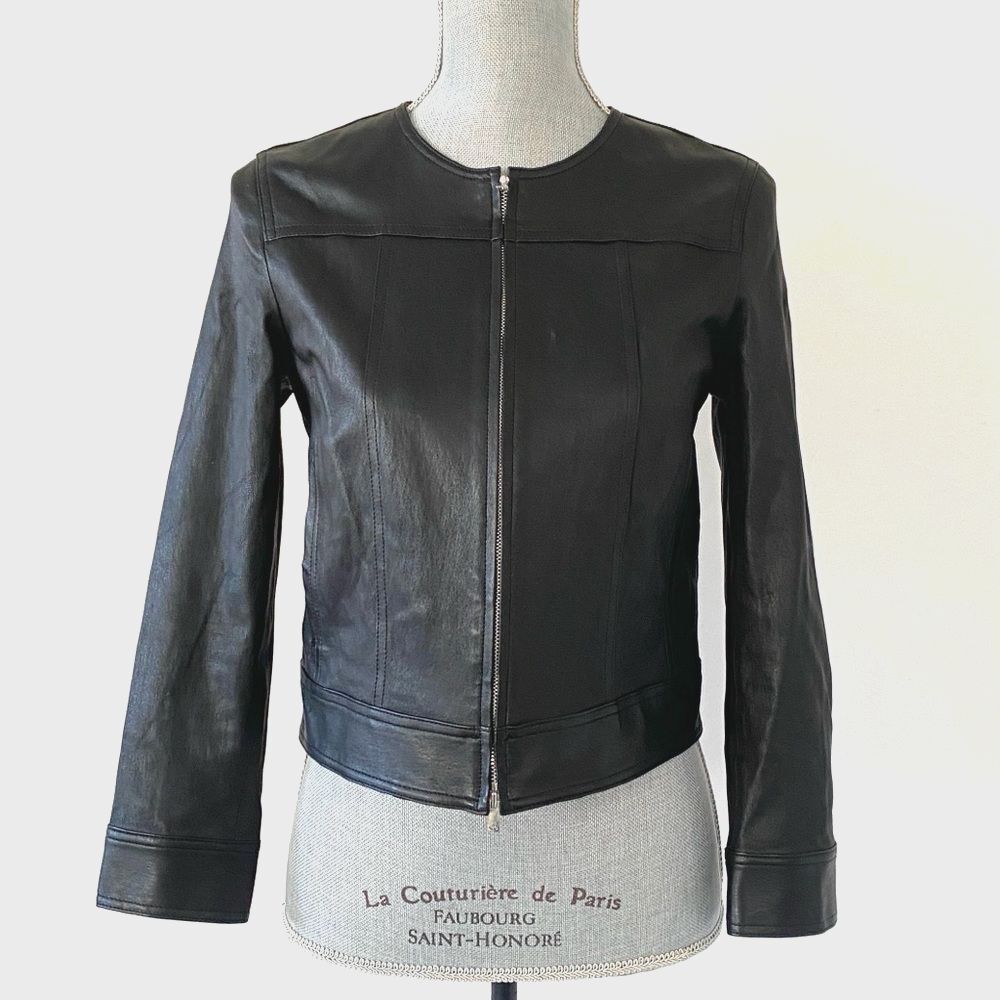 Theory Women’s Black Leather Jacket Small Round Neck Zip Pockets Moto Chic